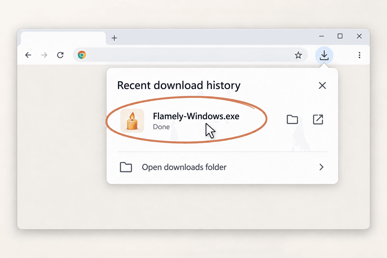 Illustration of the completed Flamely-Windows.exe file in a browser’s download panel.