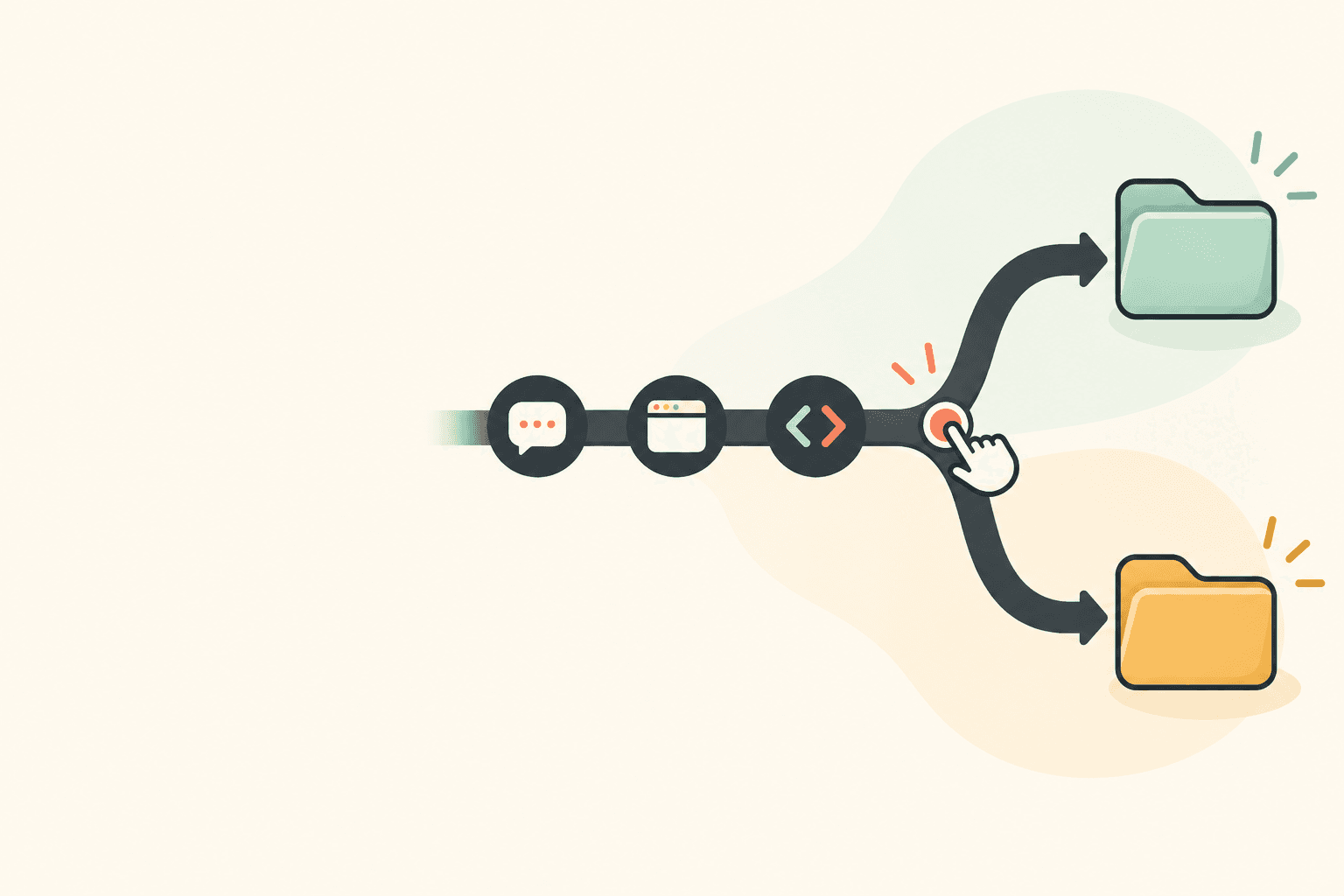 A smooth editorial illustration of one shared stream of work splitting into two clearly separated client project paths